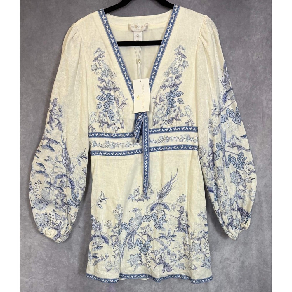 Caroline Constas Blue White Toile Linen Mini Dress V-Neck Balloon Sleeve Size S